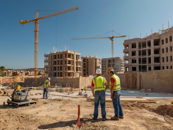 Spaanse bouwplaats met arbeiders aan het werk