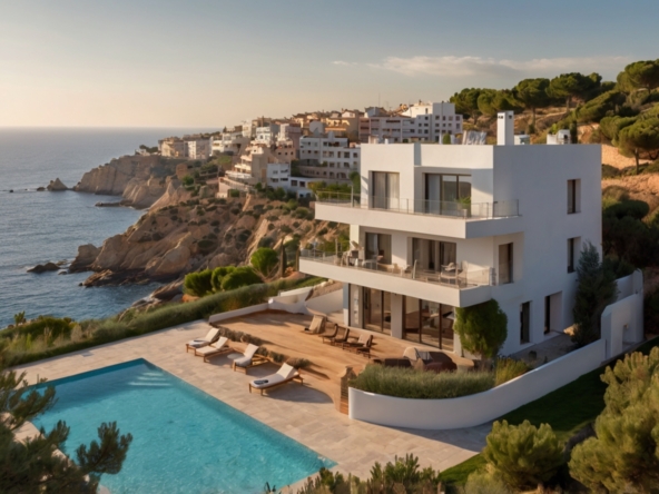 Een realistische en gedetailleerde weergave van een luxe Spaanse kustlijn met moderne appartementen en villa's